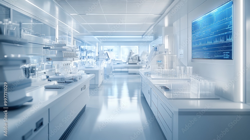 Poster a clean and organized flyer design set in a blue health science laboratory environment, featuring a 