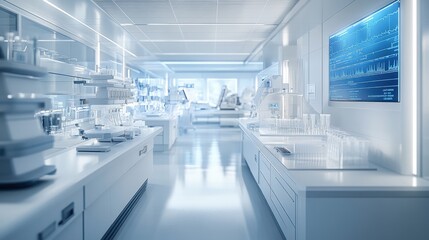 Naklejka premium A clean and organized flyer design set in a blue health science laboratory environment, featuring a scientist working with a digital tablet displaying research data