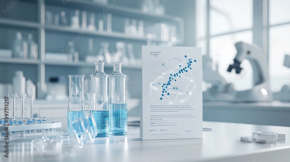 Poster modern indesign flyer mockup with a white science lab backdrop, emphasizing a clean and sophisticate