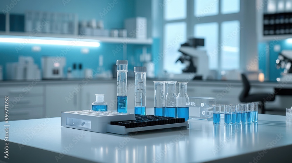 Poster modern indesign flyer mockup with a white science lab backdrop, emphasizing a clean and sophisticate