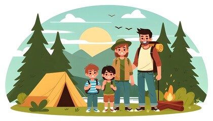 Naklejka premium Vector art of a family standing next to a tent in nature