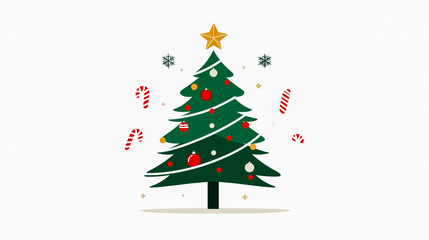Minimalist Christmas Tree Illustration with Candy Canes on a White Background, Ideal for Modern Holiday Card Designs