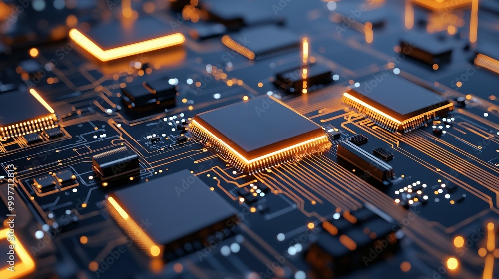Poster close-up of microchip components glowing as breakthrough coding sequences flow through circuits, fut