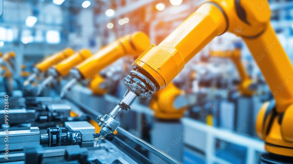 Poster robotic arm engaged in an automated assembly line, showcasing advanced technology in manufacturing p