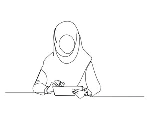 Line drawing of a person wearing a hijab, sitting at a table and interacting with a tablet, symbolizing modern technology use and inclusivity.