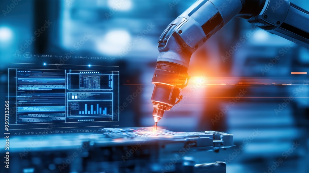 Poster industrial robot arm in action for engineering tasks