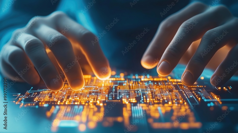 Poster hands coding on a futuristic digital interface