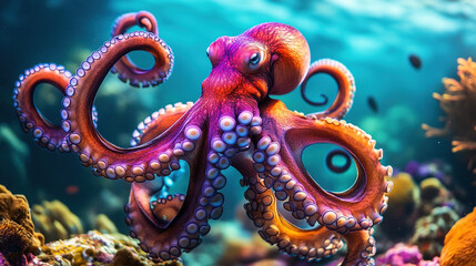 Obraz premium World Octopus Day. Octopus in the sea. Cute octopus in an underwater coral reef. Colorful octopuses in anemones on the background of coral reefs. Beautiful octopus underwater. Copy space area