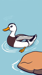 Fototapeta premium A white duck is standing on a log in a pond