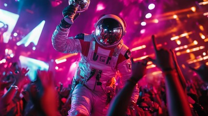 A person wearing an astronaut costume holds a trophy above their head as they walk through a large crowd of cheering people at a music festival