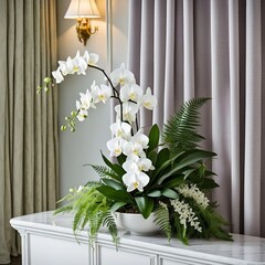 blooming white orchid on a gray background