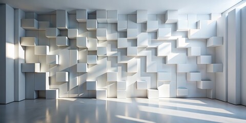 Contemporary Geometric Elegance Minimalist White Cubes Wall in Modern Gallery Interior, Serene Design Aesthetic with Soft Light and Reflective Surfaces