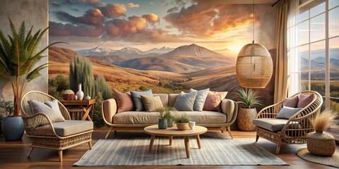 Cozy Retreat Luxurious Light Brown Leather Sofa in Earthy Living Room with Sunset Mural, Tranquil and Inviting Home Decor Concept