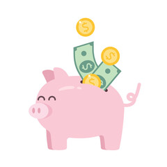 Piggy bank with coin and bill. Money with dollar coins. Income and bonus concept. piggy bank with cash concept.