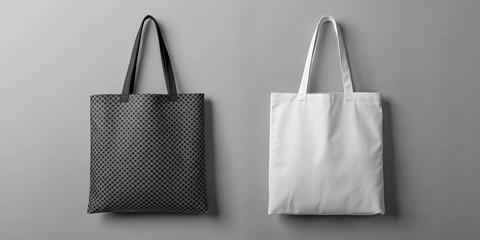Elegant Duo Black and White Tote Bags on Grey Background - Modern Minimalist Fashion Accessories for Branding and Promotions