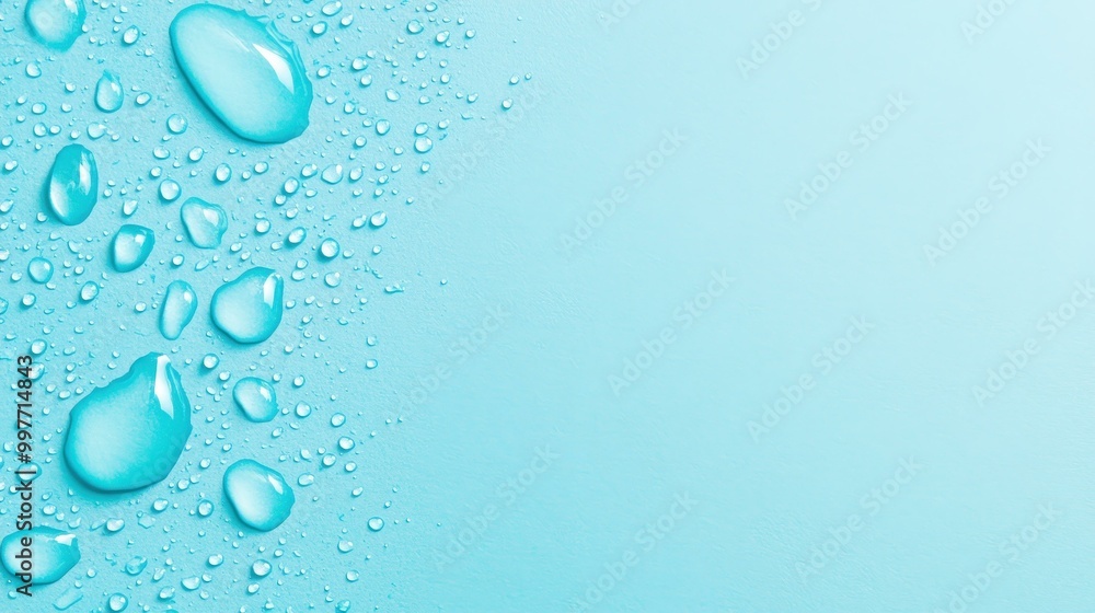 Poster Refreshing closeup of water droplets on a light blue surface, ideal for graphic and environmental uses.