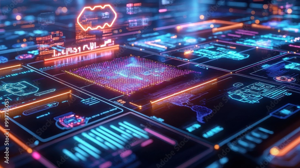 Wall mural futuristic digital data interface with glowing elements.