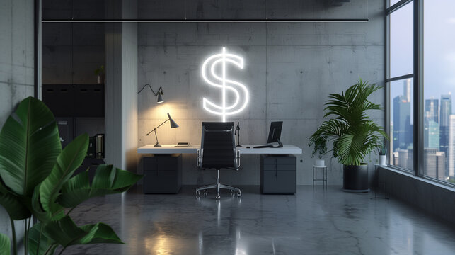 dollar sign virtual display in modern office digital business financial transaction, cash flow in business, secure finance network, business finance concept photo