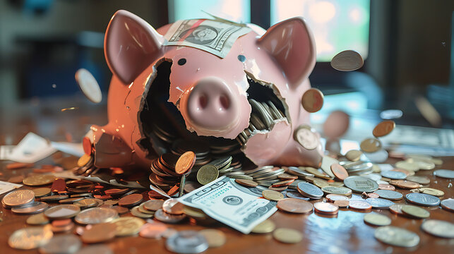 Shattered piggy bank with scattered coins and bills, symbolizing financial recklessness and mismanagement.