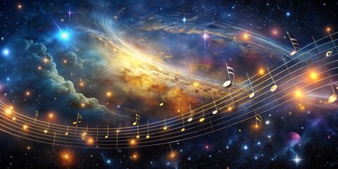 Obraz premium Majestic Cosmic Symphony Enchanting Golden Musical Notes in Celestial Harmony on Starry Galaxy Background - Ideal for Music Album Art, Websites, and Fantasy Projects