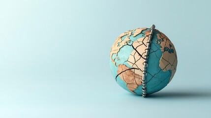 Global economy symbolized by a cracked earth globe split by a steel barrier, trade barrier, economic fragmentation