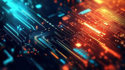 Obraz premium Close-up of a Circuit Board with Glowing Lines
