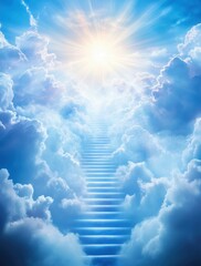A serene image depicting a staircase leading to the radiant light above, surrounded by fluffy clouds in a bright blue sky.