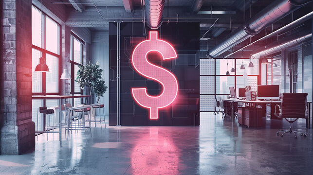 dollar sign virtual display in modern office digital business financial transaction, cash flow in business, secure finance network, business finance concept photo