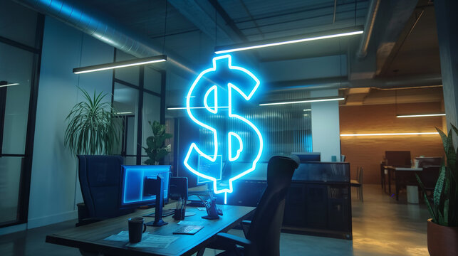 dollar sign virtual display in modern office digital business financial transaction, cash flow in business, secure finance network, business finance concept photo - Powered by Adobe