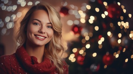 Beautiful woman celebrating Christmas at home. Girl in a seasonal winter interior. The concept of holidays.