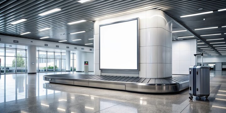 Modern Airport Baggage Claim Sleek Metal Carousel in Airy Interior with Blank Billboard, Clean Lines and Bright Lighting - Travel Industry Concept, Architectural Design Showcase