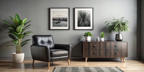 Modern Minimalist Living Room with Black Leather Armchair Against Gray Wall, Sophisticated Design Concept in Tranquil Setting Interior Design Photography