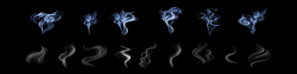 Smoke vector collection. White isolated cigarette smoke. Transparent special effect. Vector illustration.