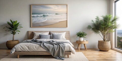 Tranquil Bedroom Oasis with Ocean View - Luxurious White Bedding and Minimalist Decor, Serene Home Interior for Relaxation and Inspiring Design Ideas