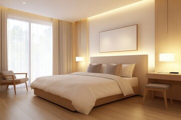 A modern, minimalistic bedroom featuring a large bed, wooden accents, and natural light