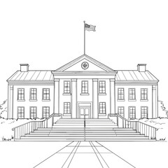 White house in continuous one line art drawing coloring book page