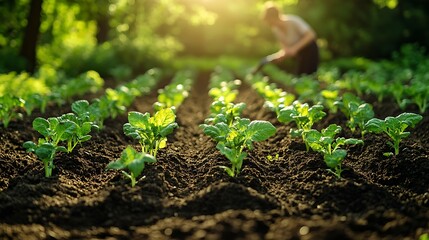 A gardener aerating soil in a well-tended vegetable garden, using a handheld tool to loosen the earth, with young plants thriving in neat rows, warm sunlight filtering through nearby trees.