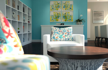 A living room with blue walls, a white sofa and a round coffee table, a wooden floor, colorful accessories on the shelves in front of the wall, soft lighting, and a retro-style decoration.