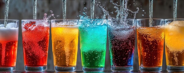 Soda fountain splashing into multiple glasses, colorful flavors pouring simultaneously, soda variety, refreshing drink explosion