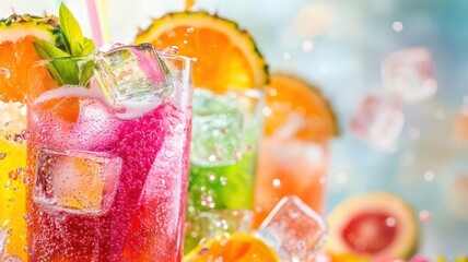 Tropical soda splash with vibrant colors of orange, pink, and green, ice cubes and tropical fruits in motion, tropical soda, refreshing drink