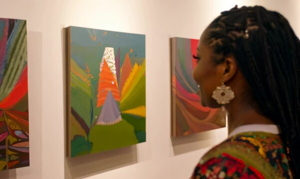 South African Woman Enjoying Art Exhibition Opening