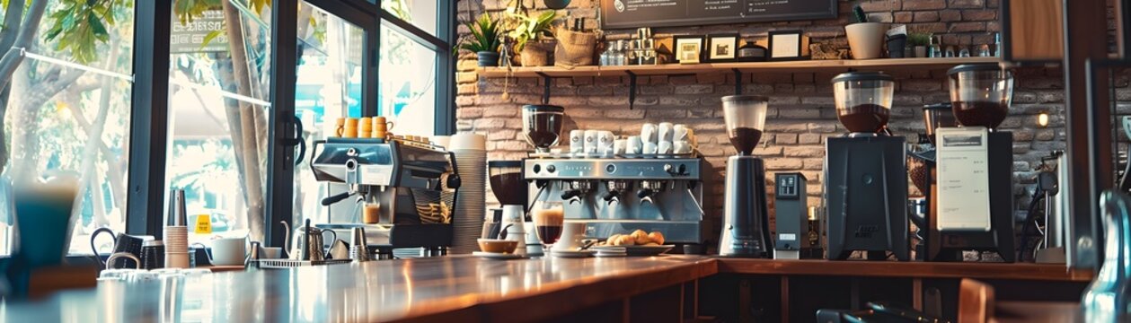 A cozy coffee shop interior featuring stylish decor, espresso machines, and a warm ambiance perfect for relaxing or working.