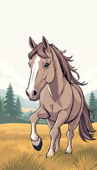Obraz premium A brown horse is running through a field with a blue sky in the background