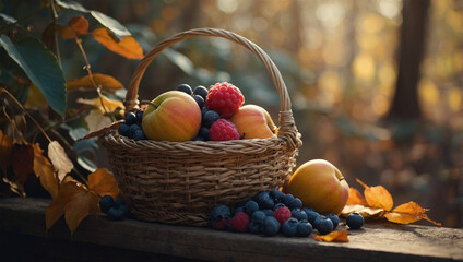 Image of fresh fruits in a basket, AI generated