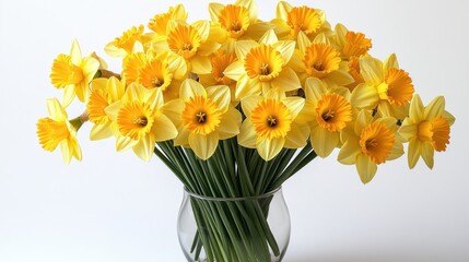 Fototapeta premium A vibrant bouquet of yellow daffodils in a clear vase.