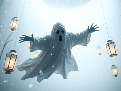 Ghostly Apparition: A chilling image of a ghostly figure, its translucent form floating amidst a flurry of snow and hanging lanterns.