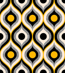 Retro midcentury textured ogee ovals electric yellow black Raster pattern. Retro 70s ogee and circles geometrics electric yellow, black and grey fabric texture.