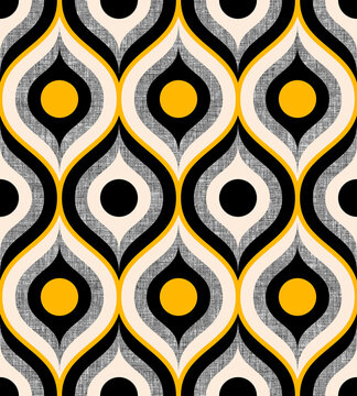 Retro midcentury textured ogee ovals electric yellow black Raster pattern. Retro 70s ogee and circles geometrics electric yellow, black and grey fabric texture.