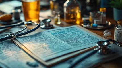 Medical documents and tools arranged on a table.