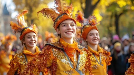 A joyful scene of dancers in bright orange costumes adorned with feathers, showcasing their energy...